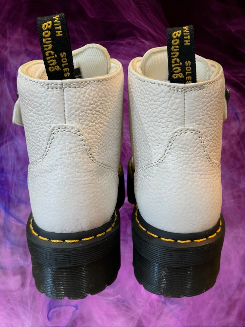 Dr. Martens Devon Flower Buckle White Pebbled Leather Platform Boots Sz 9 NEW - Picture 6 of 16